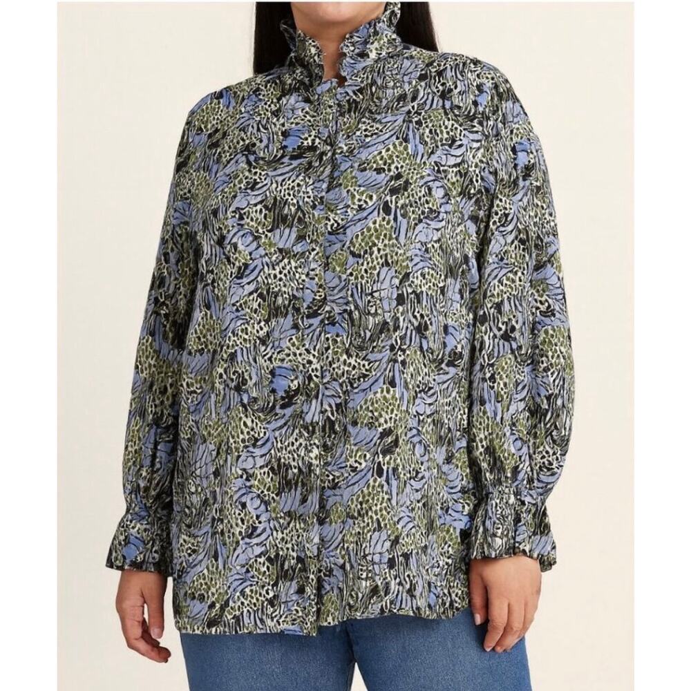 Oliphant Eden Blue Ruffle Collar Blouse size 2XL New Long Sleeve Button Down